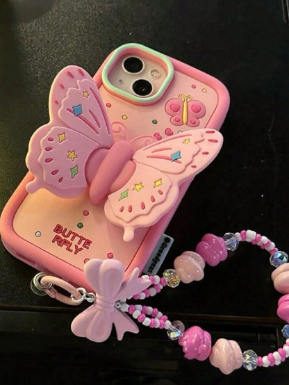Butterfly Element Silicone Cute Pink Fashion Phone Case 3D Butterfly Strap Stand Phone Case With Phone Charm Compatible With IPhone 14, Compatible With Apple 12 Pro Max/11/13 Silicone Case Female Wate