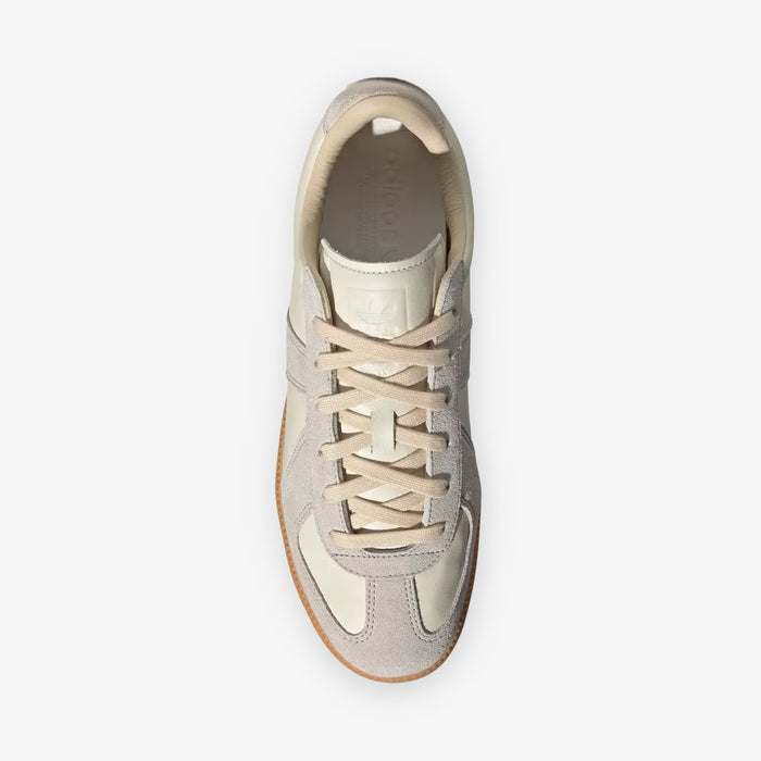 adidas BW Army. Top view of Chalk White leather sneaker showing Clear Granite suede toe box, leather lining, padded collar, and laces