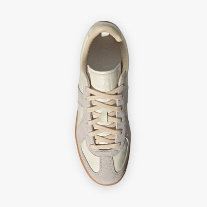 adidas BW Army. Top view of Chalk White leather sneaker showing Clear Granite suede toe box, leather lining, padded collar, and laces