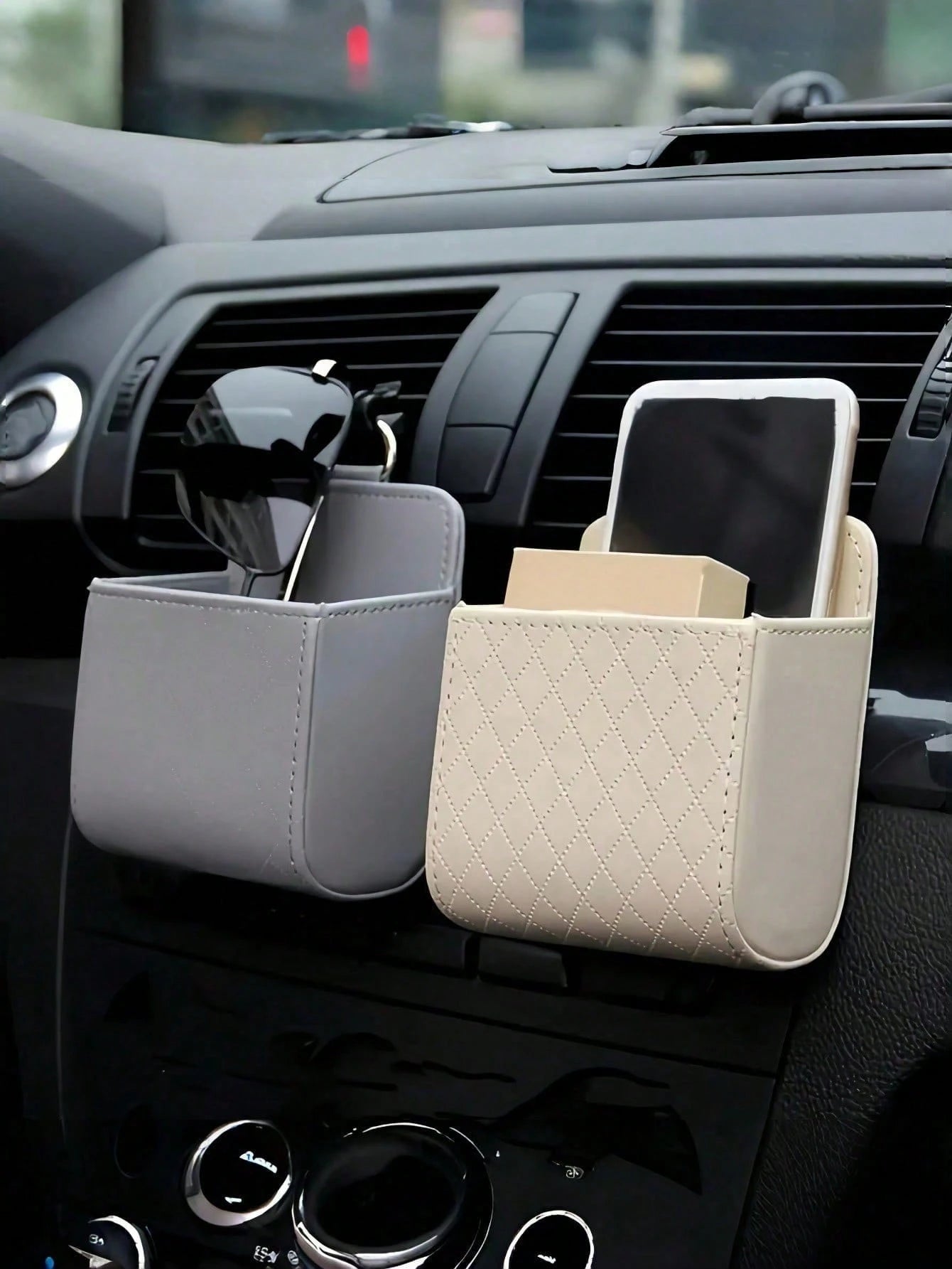 Car Air Vent Storage Bag, Car Phone Organizer Hanging Bag, Car Storage Box (Random Black & White Clips Shipped)