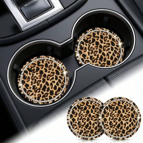 Car Cup Coaster 2 Pack,Car Coasters For Cup Holders,Anti-Slip Cups Holder Coaster For Cars,2.75 Inch Leopard Coasters (Brown-2PC)