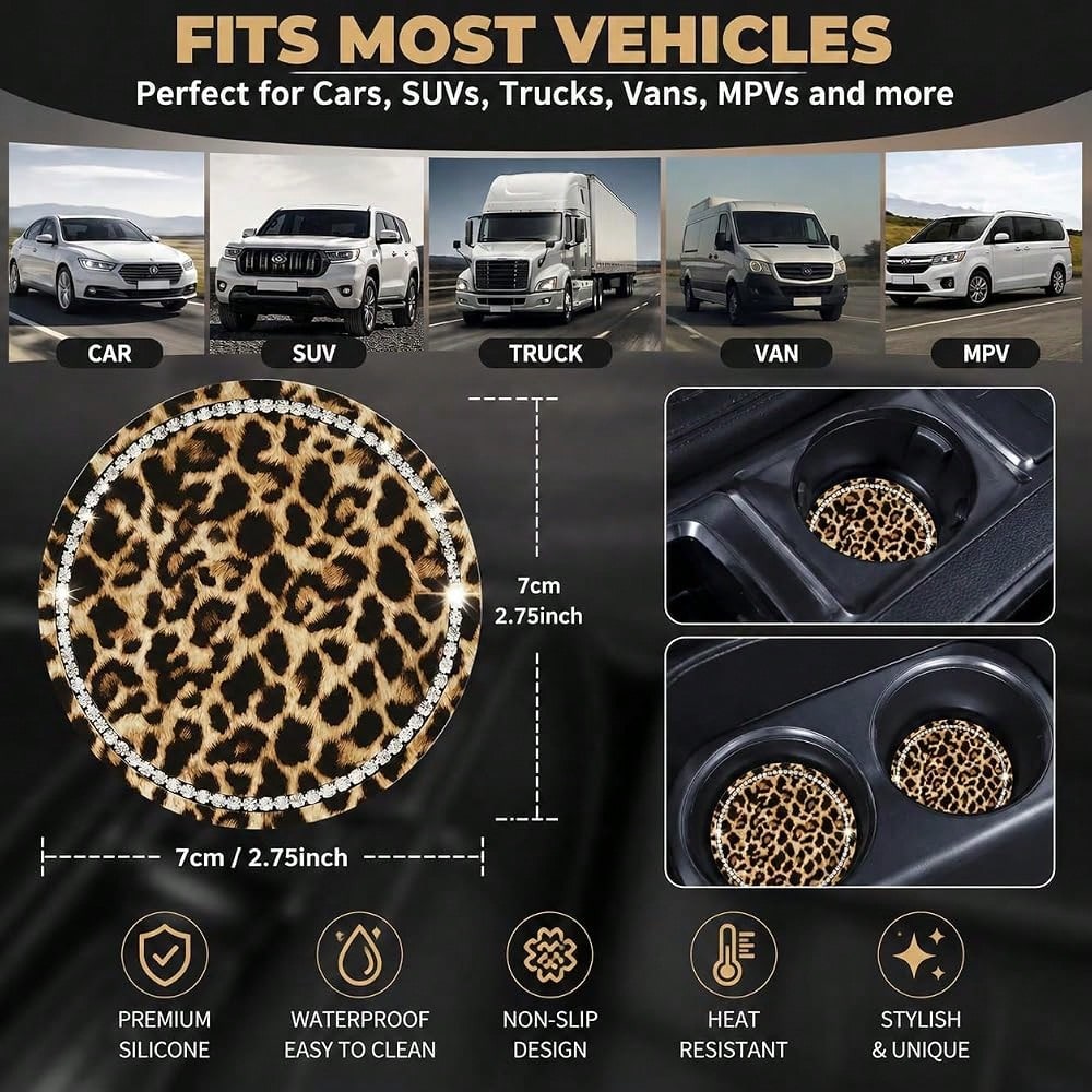 Car Cup Coaster 2 Pack,Car Coasters For Cup Holders,Anti-Slip Cups Holder Coaster For Cars,2.75 Inch Leopard Coasters (Brown-2PC)