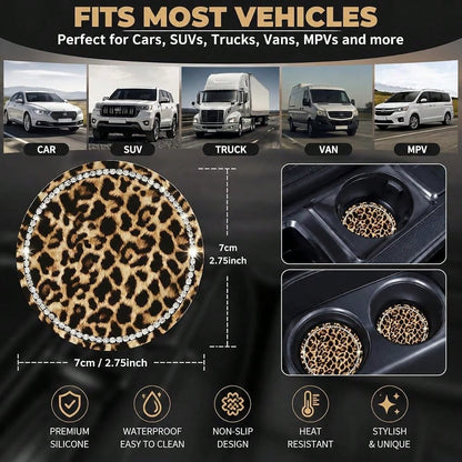 Car Cup Coaster 2 Pack,Car Coasters For Cup Holders,Anti-Slip Cups Holder Coaster For Cars,2.75 Inch Leopard Coasters (Brown-2PC)