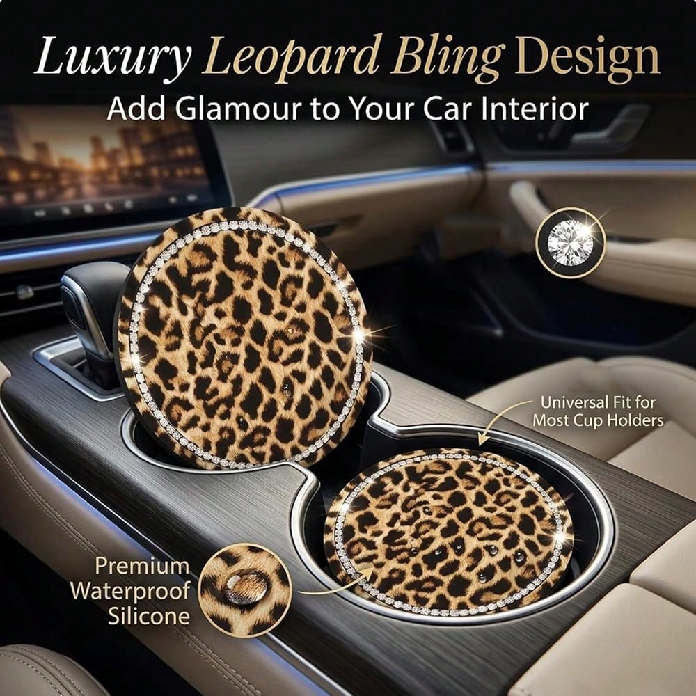 Car Cup Coaster 2 Pack,Car Coasters For Cup Holders,Anti-Slip Cups Holder Coaster For Cars,2.75 Inch Leopard Coasters (Brown-2PC)