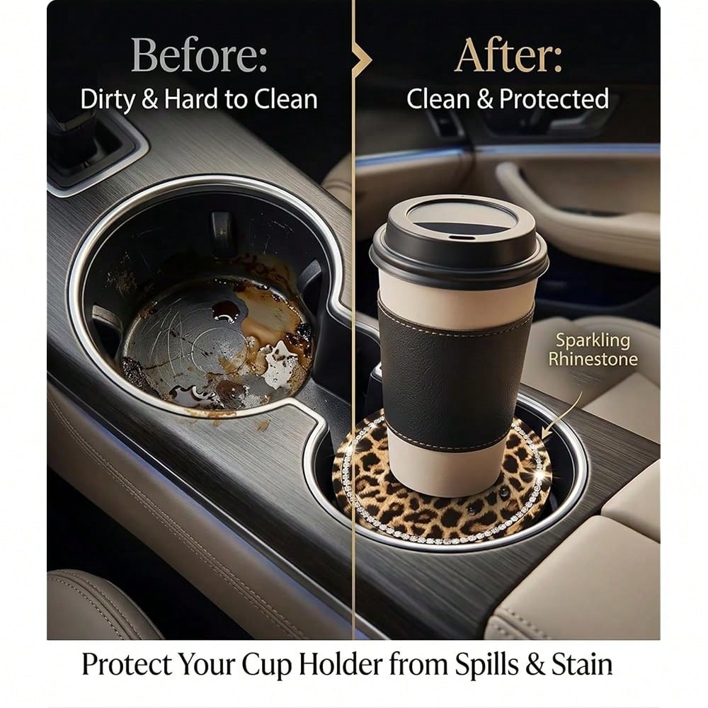 Car Cup Coaster 2 Pack,Car Coasters For Cup Holders,Anti-Slip Cups Holder Coaster For Cars,2.75 Inch Leopard Coasters (Brown-2PC)