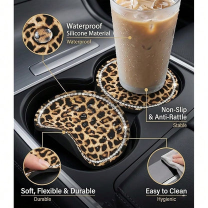 Car Cup Coaster 2 Pack,Car Coasters For Cup Holders,Anti-Slip Cups Holder Coaster For Cars,2.75 Inch Leopard Coasters (Brown-2PC)
