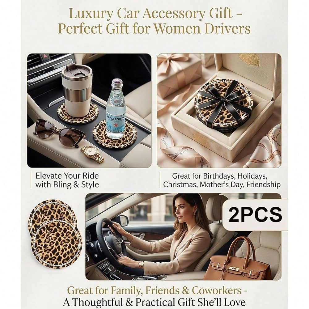 Car Cup Coaster 2 Pack,Car Coasters For Cup Holders,Anti-Slip Cups Holder Coaster For Cars,2.75 Inch Leopard Coasters (Brown-2PC)
