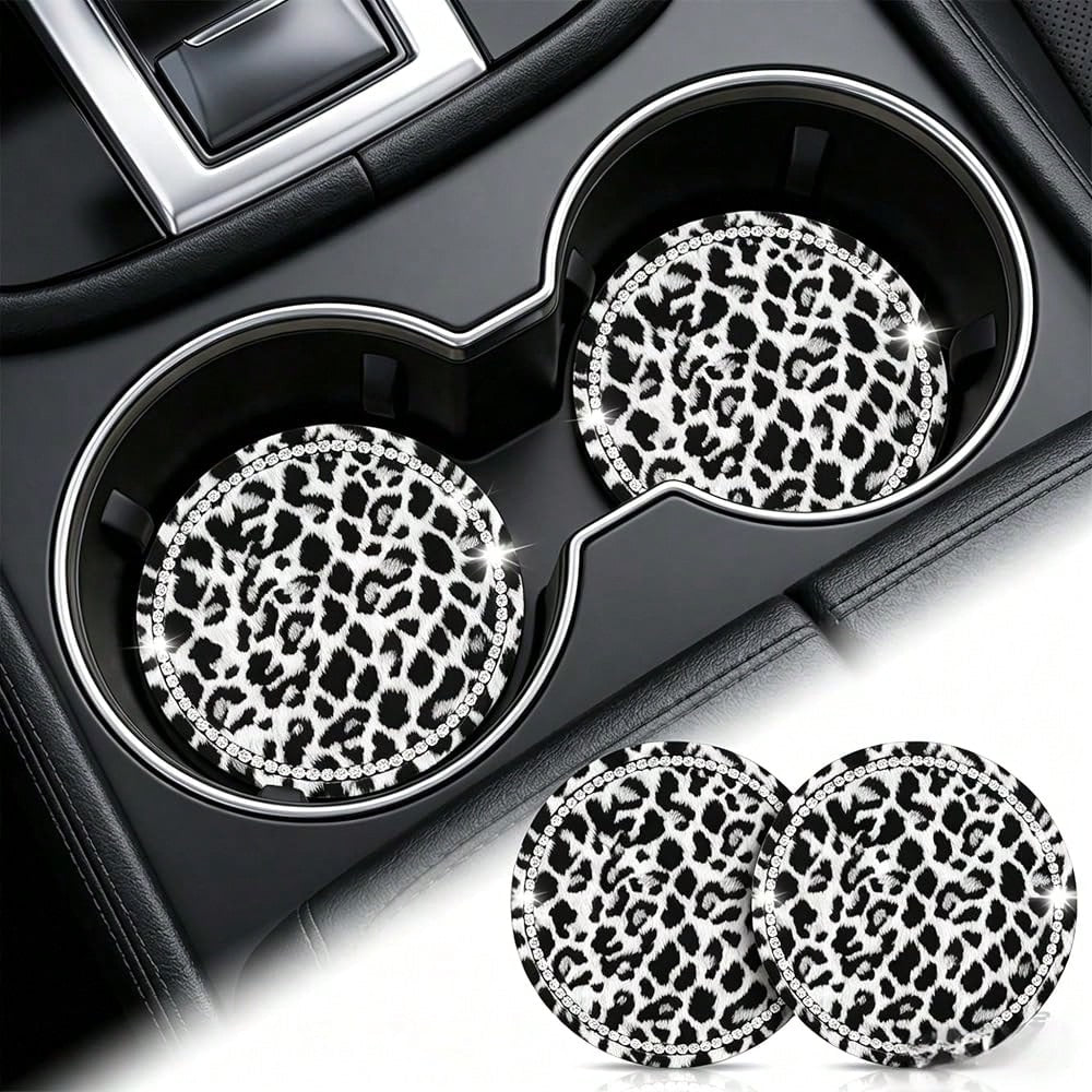 Car Cup Coaster 2 Pack,Car Coasters For Cup Holders,Anti-Slip Cups Holder Coaster For Cars,2.75 Inch Leopard Coasters (Brown-2PC)