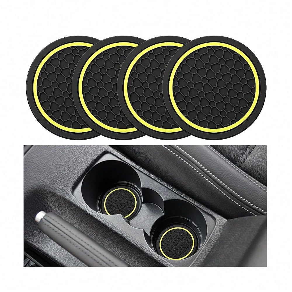 Car Cup Holder Coasters 2.76\ PVC Anti-Slip Inserts Black/Yellow| Textured Surface, Shock Absorption, Dust Protection, Easy To Clean