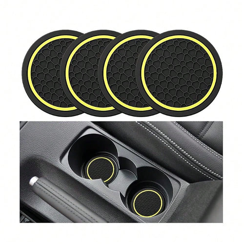 Car Cup Holder Coasters 2.76\ PVC Anti-Slip Inserts Black/Yellow| Textured Surface, Shock Absorption, Dust Protection, Easy To Clean