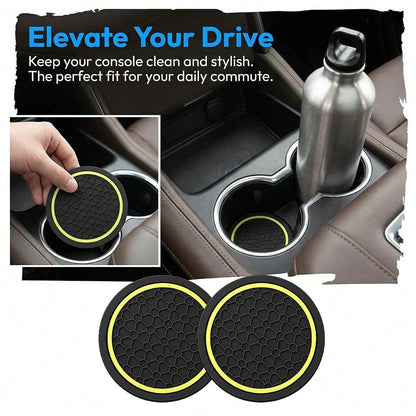 Car Cup Holder Coasters 2.76\ PVC Anti-Slip Inserts Black/Yellow| Textured Surface, Shock Absorption, Dust Protection, Easy To Clean