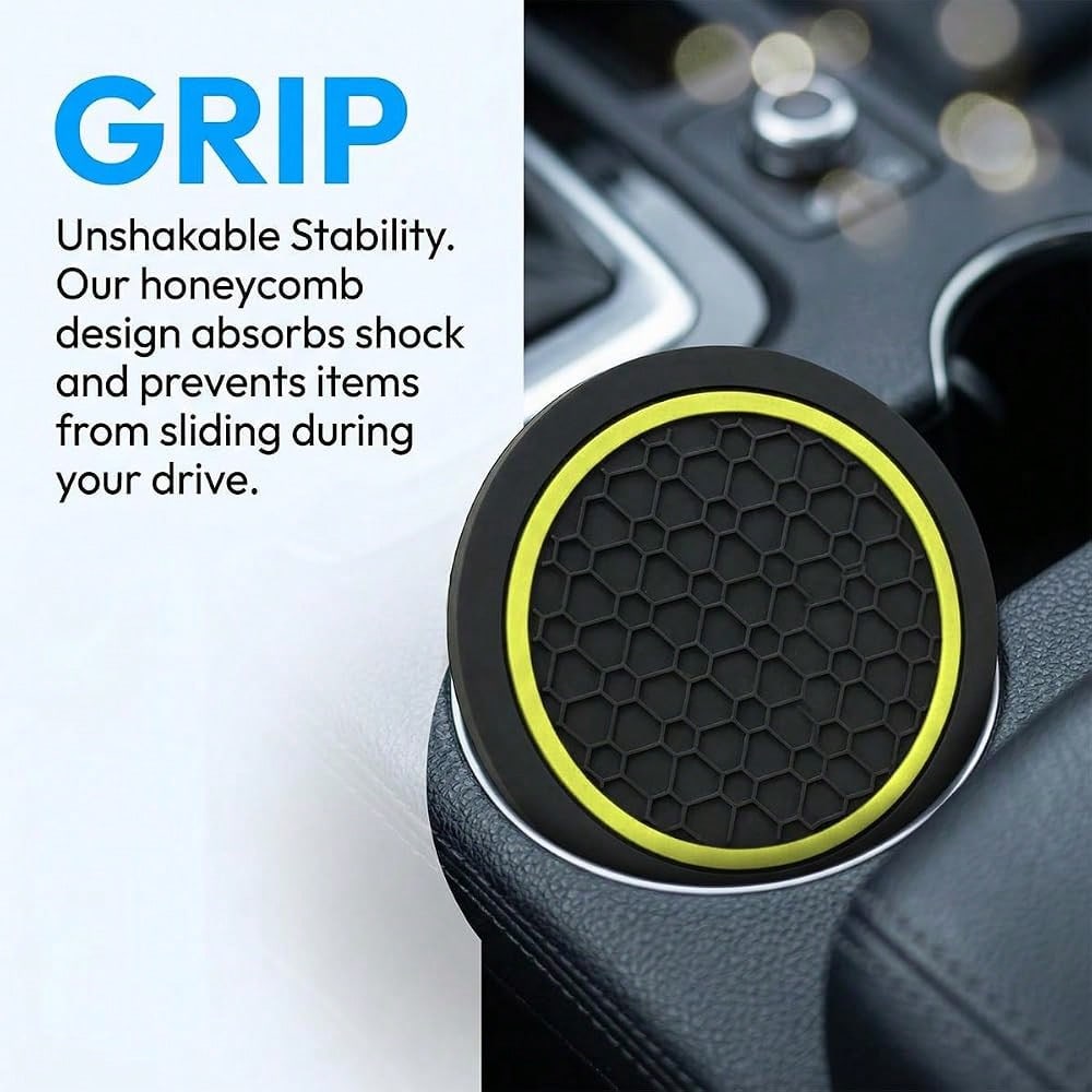 Car Cup Holder Coasters 2.76\ PVC Anti-Slip Inserts Black/Yellow| Textured Surface, Shock Absorption, Dust Protection, Easy To Clean