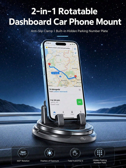 Car Dashboard Phone Holder With Hidden Parking Number Plate, 360° Rotatable Non-Slip Phone Mount, Universal Car Navigation Bracket For Sedan, SUV And Truck