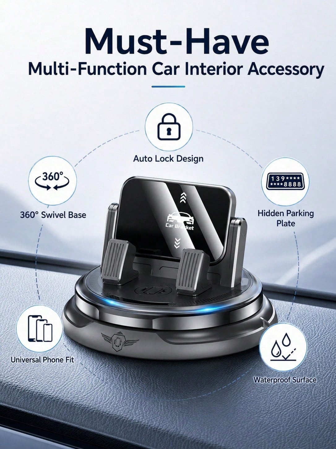 Car Dashboard Phone Holder With Hidden Parking Number Plate, 360° Rotatable Non-Slip Phone Mount, Universal Car Navigation Bracket For Sedan, SUV And Truck