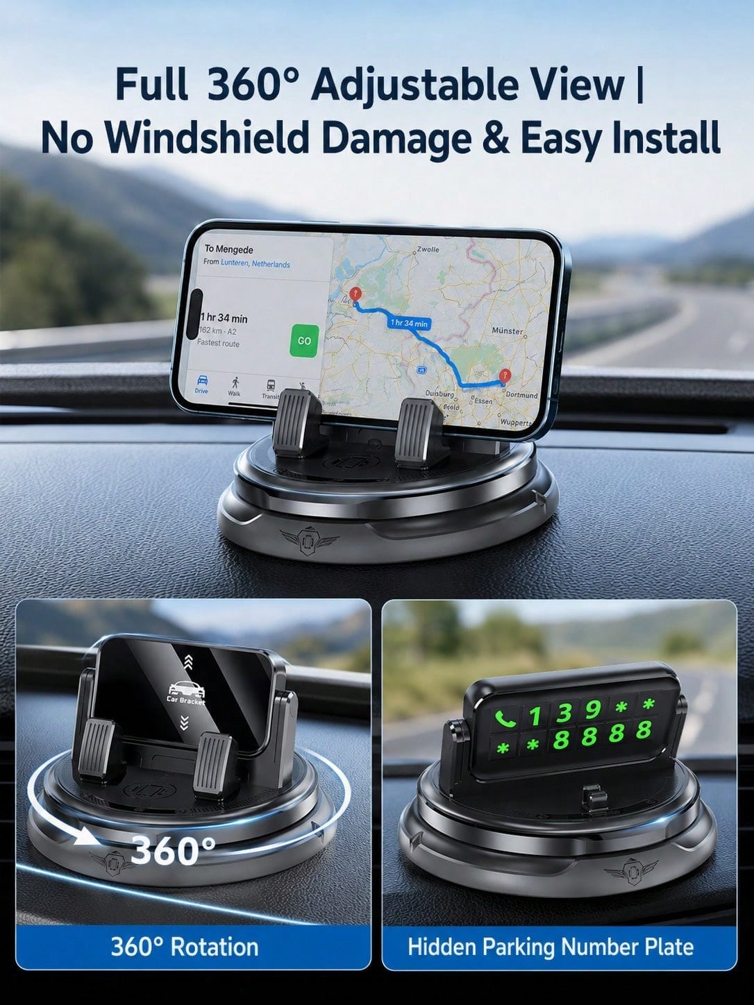 Car Dashboard Phone Holder With Hidden Parking Number Plate, 360° Rotatable Non-Slip Phone Mount, Universal Car Navigation Bracket For Sedan, SUV And Truck