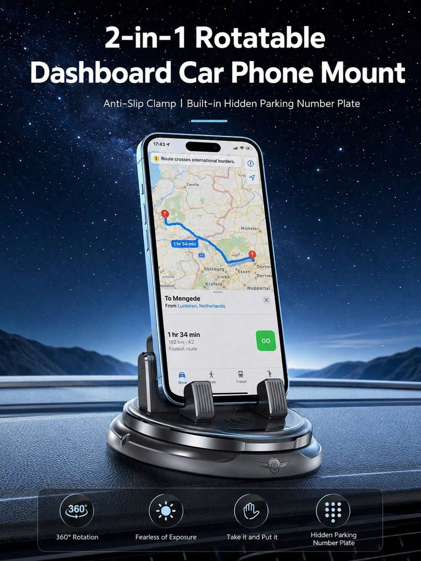 Car Dashboard Phone Holder With Hidden Parking Number Plate, 360° Rotatable Non-Slip Phone Mount, Universal Car Navigation Bracket For Sedan, SUV And Truck