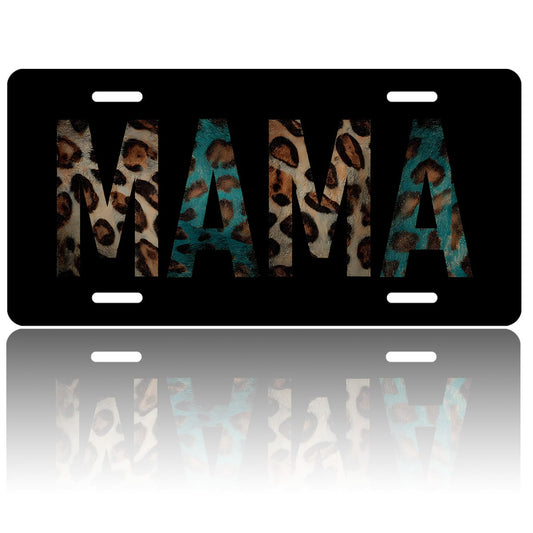 Car Front License Plate Cover, MAMA With Leopard Print Personalized License Plate Rust-Proof Stainless Metal Car Plates Tag Novelty Decorative For Men Women,12.2" X 6.2"