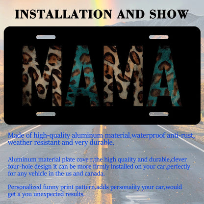 Car Front License Plate Cover, MAMA With Leopard Print Personalized License Plate Rust-Proof Stainless Metal Car Plates Tag Novelty Decorative For Men Women,12.2" X 6.2"