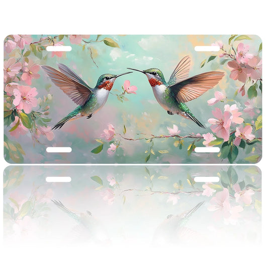 Car Front License Plate, Hummingbirds Among Pink Funny License Plate Personalized Car Decoration Rust-Proof Stainless Steel Vanity Car Tags Accessories For Women Men,12.2" X 6.2"