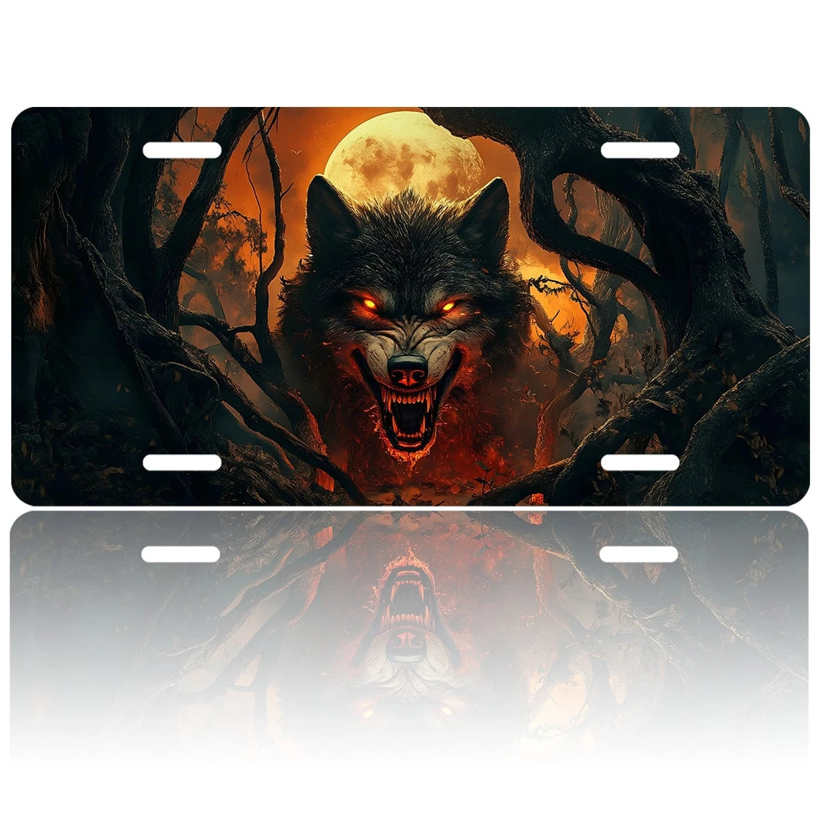 Car Front License Plate, Fiery Wolf In The Woods Funny License Plate Personalized Car Decoration Rust-Proof Stainless Steel Vanity Car Tags Accessories For Women Men,12.2" X 6.2"