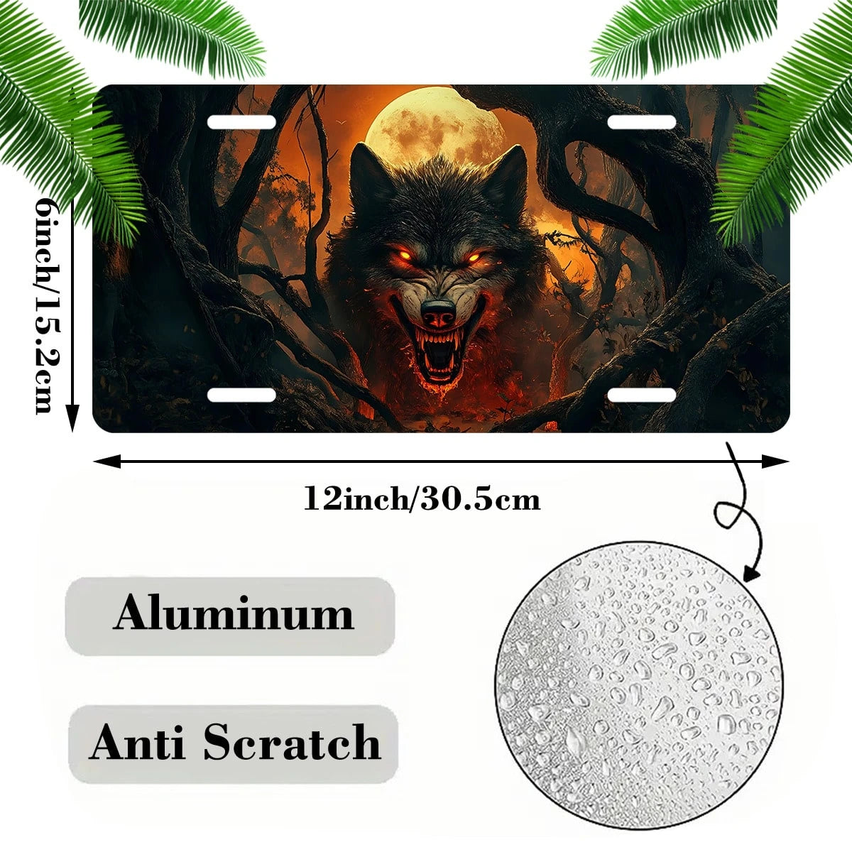 Car Front License Plate, Fiery Wolf In The Woods Funny License Plate Personalized Car Decoration Rust-Proof Stainless Steel Vanity Car Tags Accessories For Women Men,12.2" X 6.2"