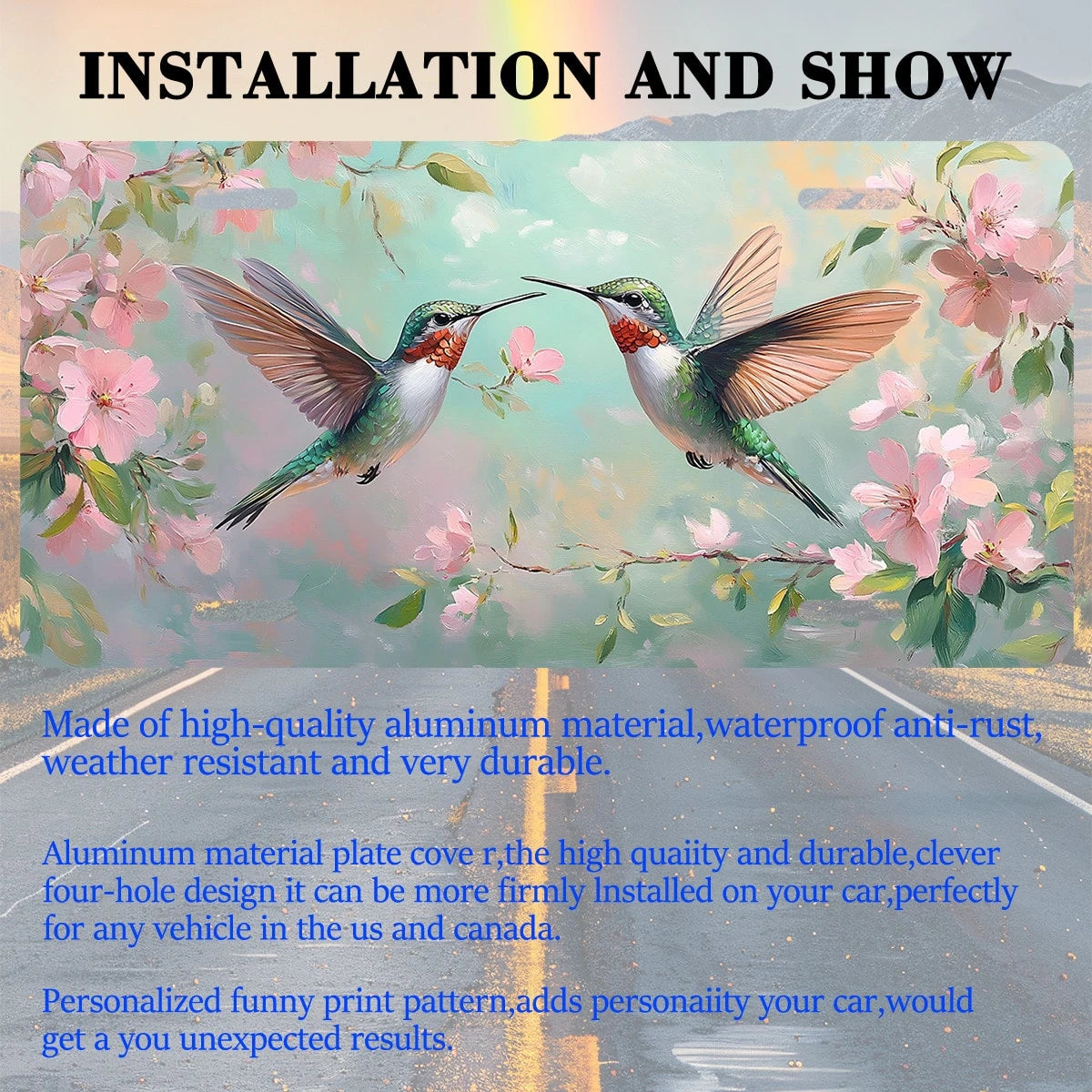 Car Front License Plate, Hummingbirds Among Pink Funny License Plate Personalized Car Decoration Rust-Proof Stainless Steel Vanity Car Tags Accessories For Women Men,12.2" X 6.2"