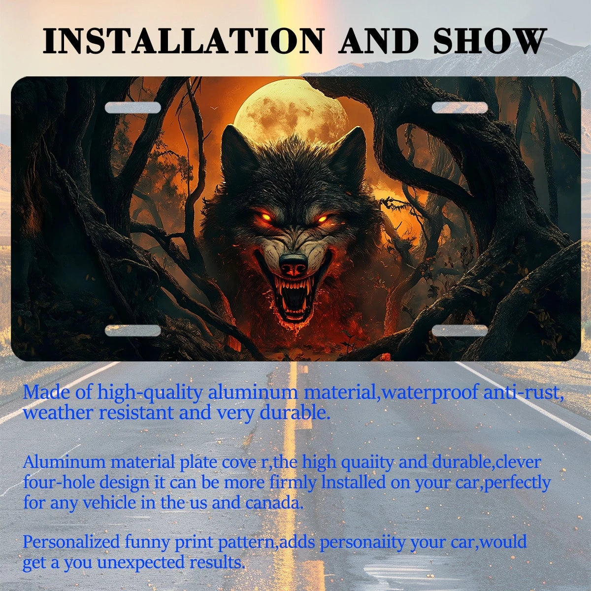 Car Front License Plate, Fiery Wolf In The Woods Funny License Plate Personalized Car Decoration Rust-Proof Stainless Steel Vanity Car Tags Accessories For Women Men,12.2" X 6.2"