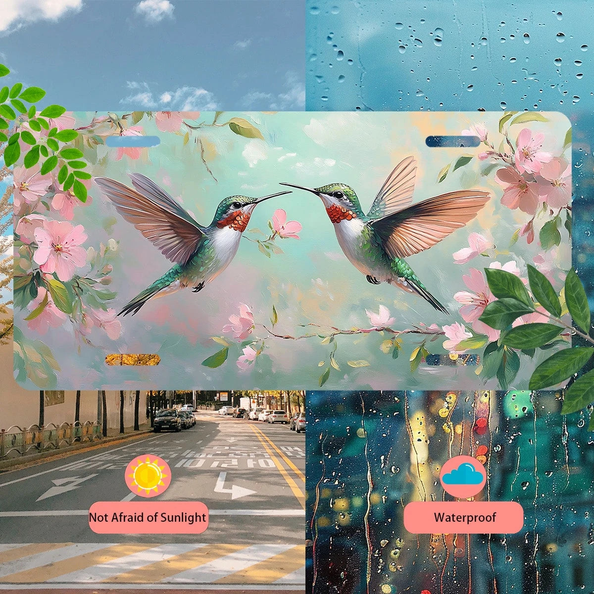 Car Front License Plate, Hummingbirds Among Pink Funny License Plate Personalized Car Decoration Rust-Proof Stainless Steel Vanity Car Tags Accessories For Women Men,12.2" X 6.2"