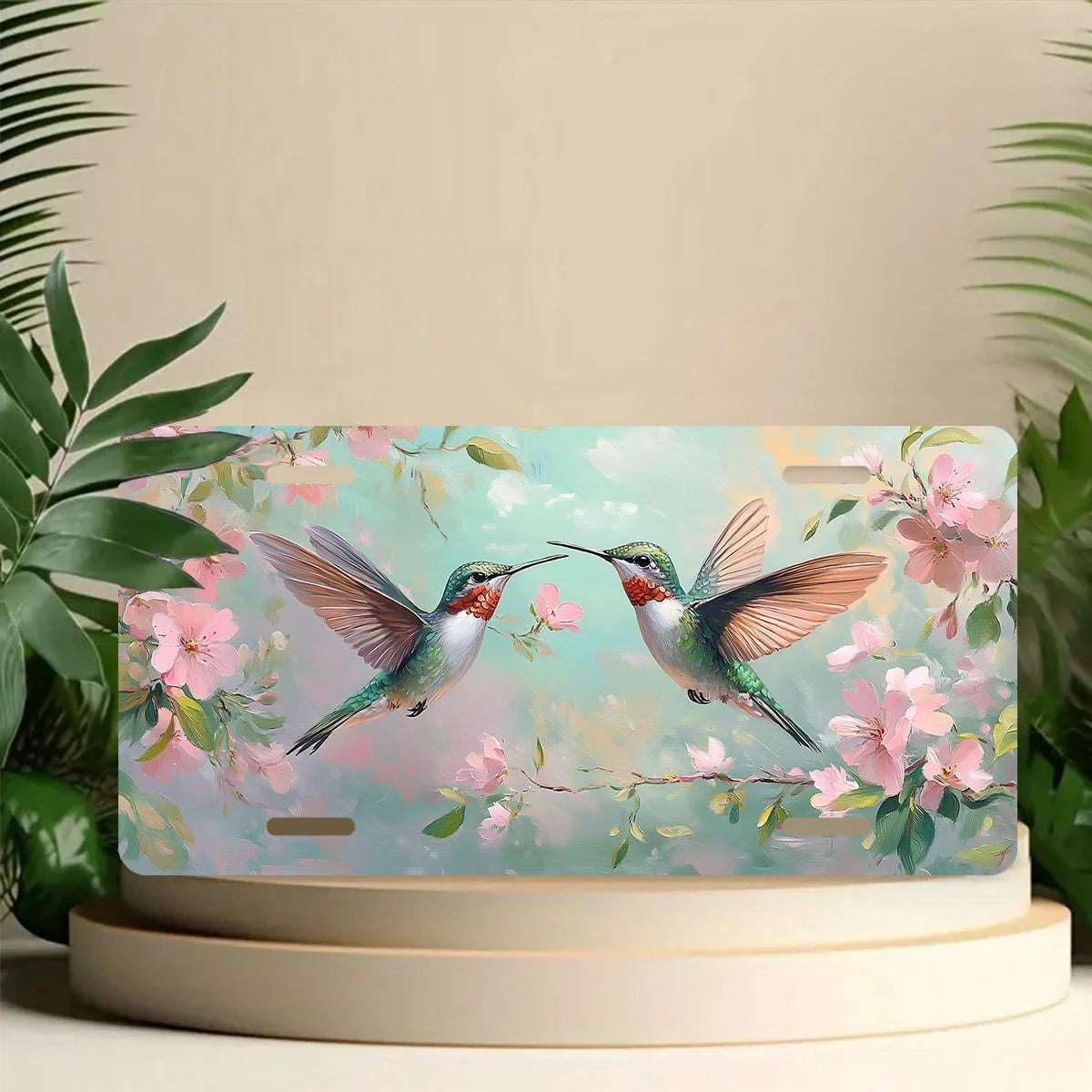 Car Front License Plate, Hummingbirds Among Pink Funny License Plate Personalized Car Decoration Rust-Proof Stainless Steel Vanity Car Tags Accessories For Women Men,12.2" X 6.2"