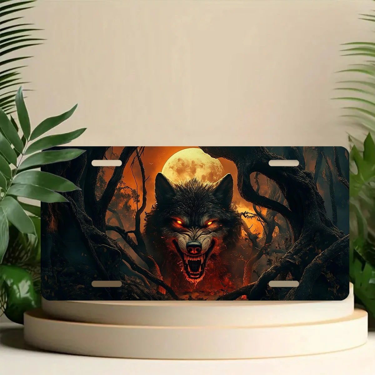 Car Front License Plate, Fiery Wolf In The Woods Funny License Plate Personalized Car Decoration Rust-Proof Stainless Steel Vanity Car Tags Accessories For Women Men,12.2" X 6.2"