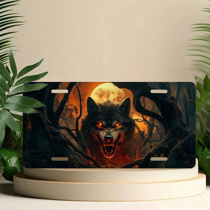 Car Front License Plate, Fiery Wolf In The Woods Funny License Plate Personalized Car Decoration Rust-Proof Stainless Steel Vanity Car Tags Accessories For Women Men,12.2" X 6.2"