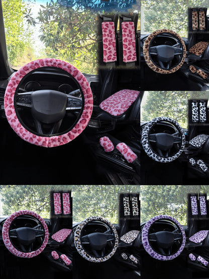 Car Interior Accessories Set Includes Leopard Print Steering Wheel Cover, Seat Belt Shoulder Pads, Gear Shift Knob Cover, Handbrake Cover, Armrest Pad And Other Non-Slip Durable Decorations, Suitable