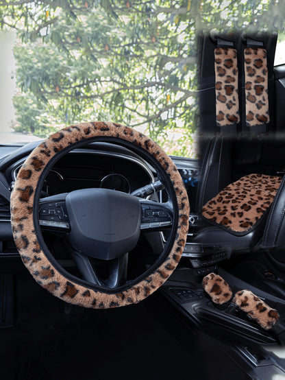 Car Interior Accessories Set Includes Leopard Print Steering Wheel Cover, Seat Belt Shoulder Pads, Gear Shift Knob Cover, Handbrake Cover, Armrest Pad And Other Non-Slip Durable Decorations, Suitable