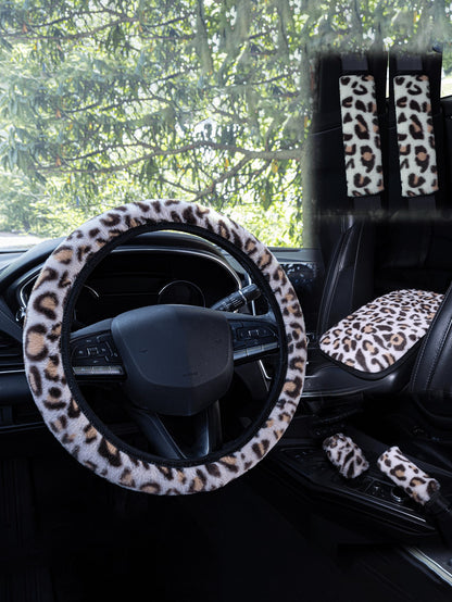 Car Interior Accessories Set Includes Leopard Print Steering Wheel Cover, Seat Belt Shoulder Pads, Gear Shift Knob Cover, Handbrake Cover, Armrest Pad And Other Non-Slip Durable Decorations, Suitable