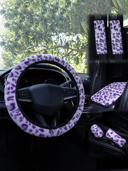 Car Interior Accessories Set Includes Leopard Print Steering Wheel Cover, Seat Belt Shoulder Pads, Gear Shift Knob Cover, Handbrake Cover, Armrest Pad And Other Non-Slip Durable Decorations, Suitable