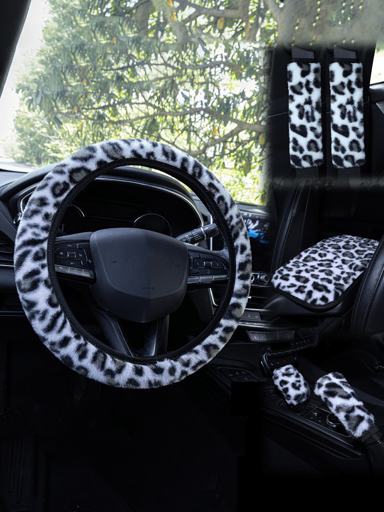 Car Interior Accessories Set Includes Leopard Print Steering Wheel Cover, Seat Belt Shoulder Pads, Gear Shift Knob Cover, Handbrake Cover, Armrest Pad And Other Non-Slip Durable Decorations, Suitable