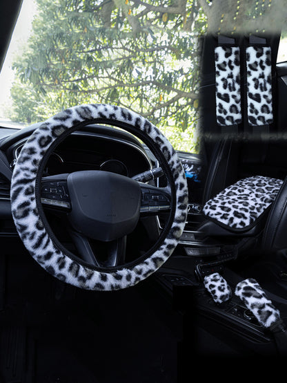 Car Interior Accessories Set Includes Leopard Print Steering Wheel Cover, Seat Belt Shoulder Pads, Gear Shift Knob Cover, Handbrake Cover, Armrest Pad And Other Non-Slip Durable Decorations, Suitable
