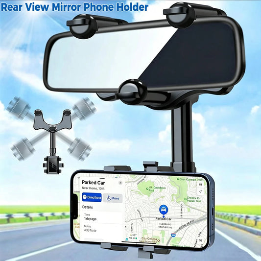 Car Phone Holder Rotatable Retractable Rearview Mirror Mount, Universal 360 Rotation Car Rear View Mirror Mount Holder For GPS Mobile Phone