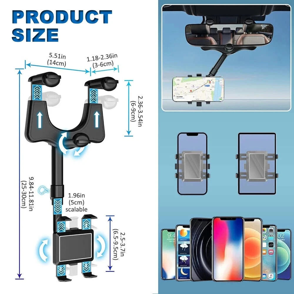 Car Phone Holder Rotatable Retractable Rearview Mirror Mount, Universal 360 Rotation Car Rear View Mirror Mount Holder For GPS Mobile Phone