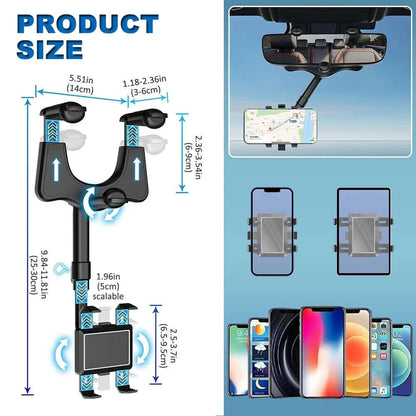 Car Phone Holder Rotatable Retractable Rearview Mirror Mount, Universal 360 Rotation Car Rear View Mirror Mount Holder For GPS Mobile Phone