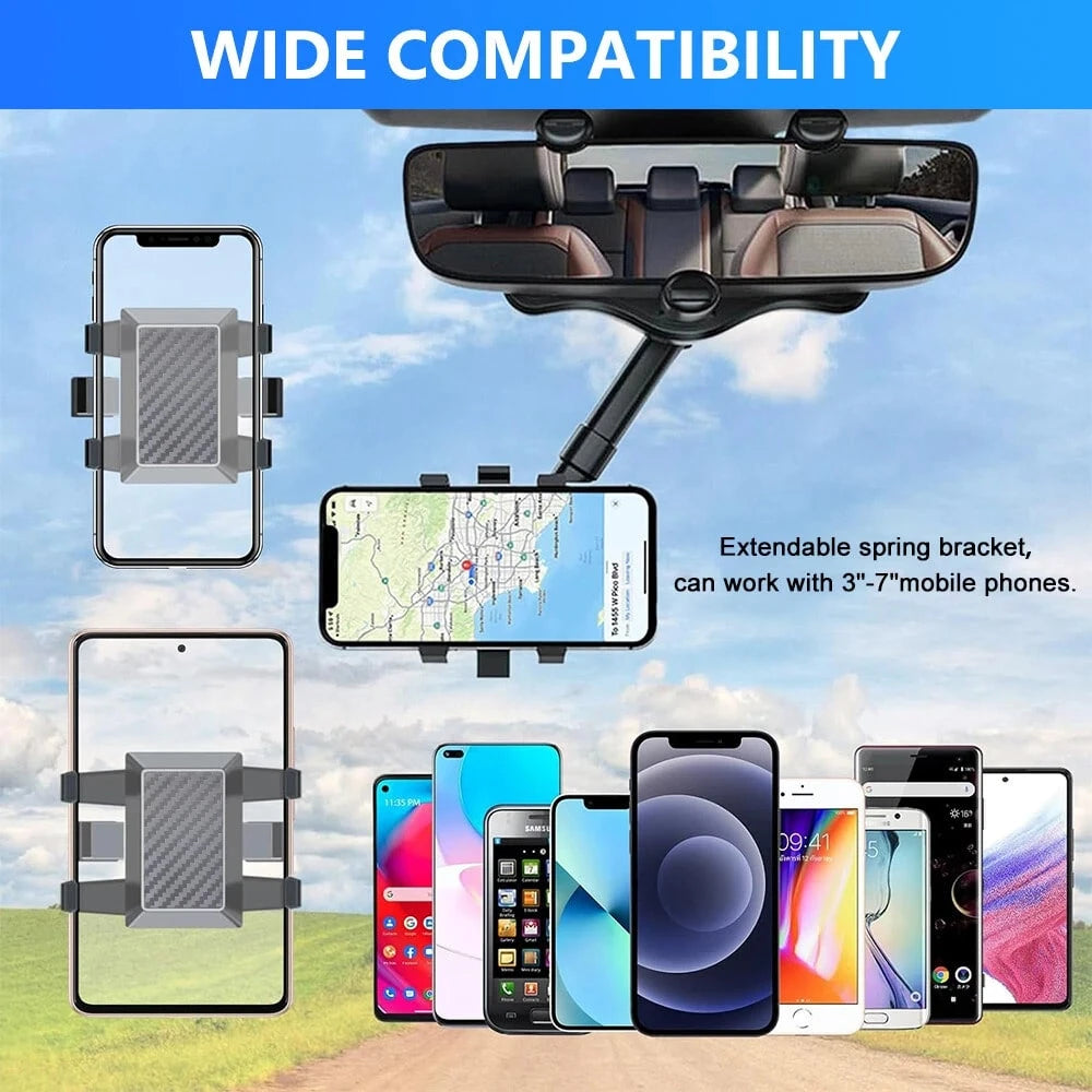 Car Phone Holder Rotatable Retractable Rearview Mirror Mount, Universal 360 Rotation Car Rear View Mirror Mount Holder For GPS Mobile Phone