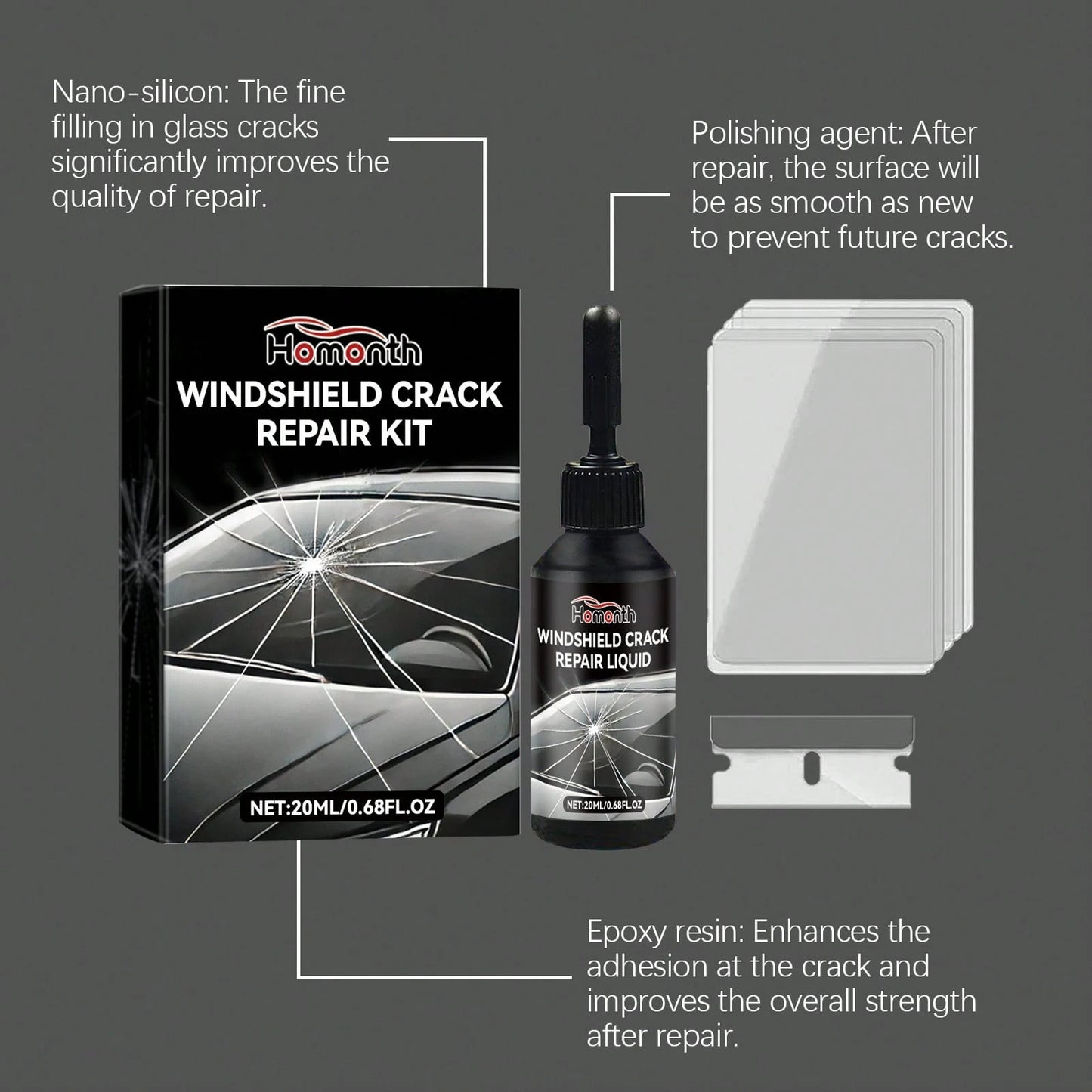 Car Windshield Crack Repair Fluid Diy Vehicle Window Glass Star-Shaped Crack Scratch Restore Quick Fix Nano Sealer Invisible Crack Protect Car Accessories Set With Blades And Curing Film