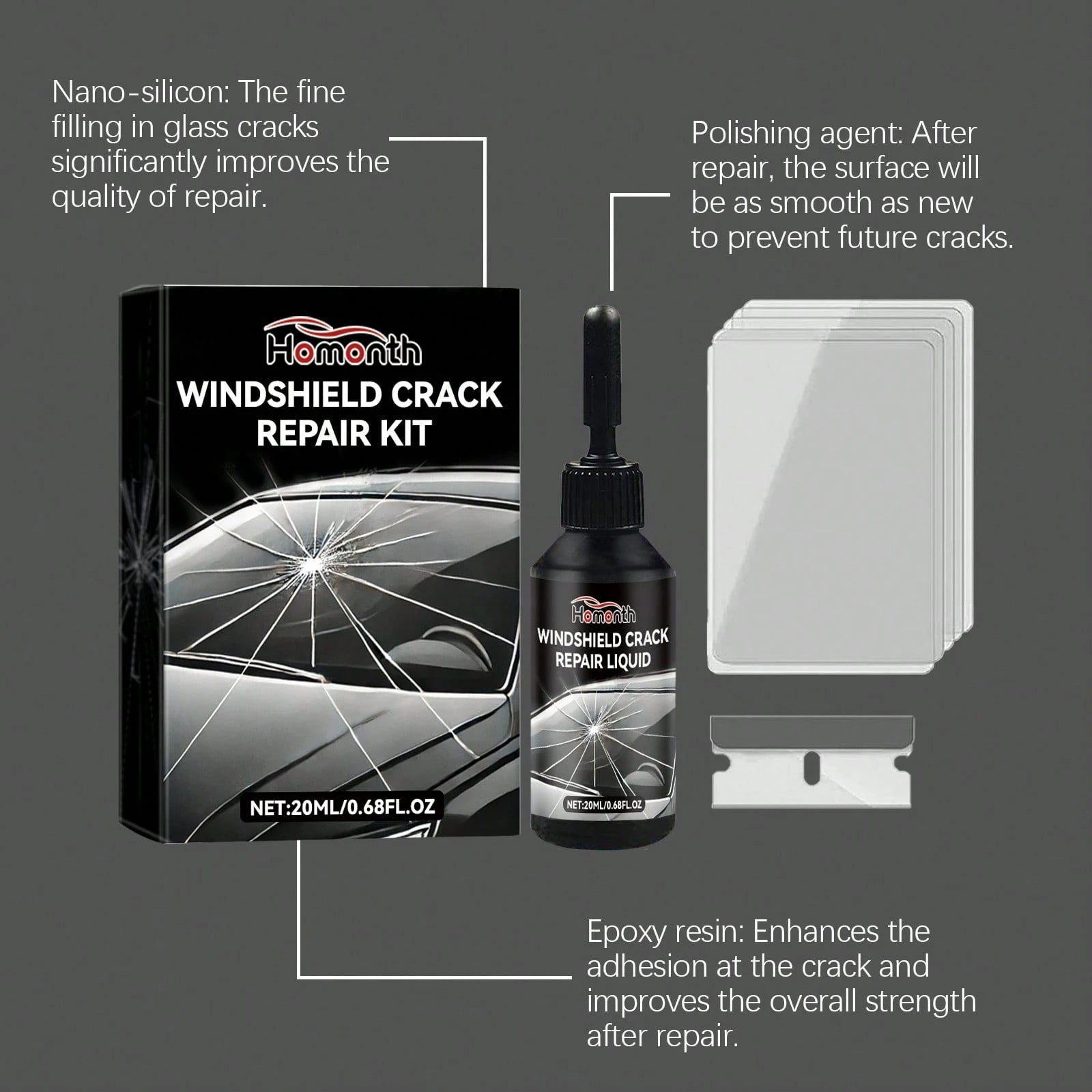 Car Windshield Crack Repair Fluid Diy Vehicle Window Glass Star-Shaped Crack Scratch Restore Quick Fix Nano Sealer Invisible Crack Protect Car Accessories Set With Blades And Curing Film