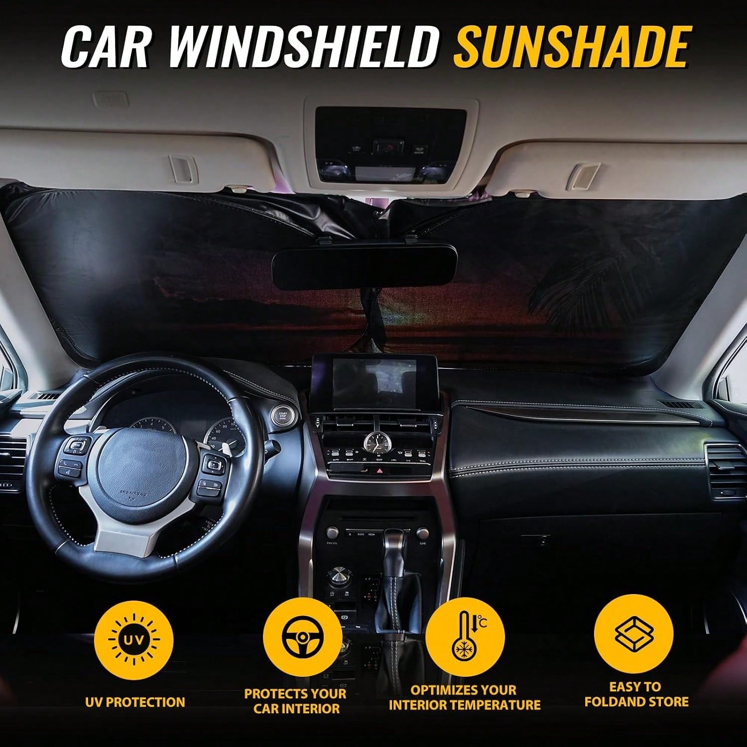 Car Windshield Sun Shade- Reflector Sunshade Offers Ultimate Protection For Car Interior, Cool Reflective Sun Blocker Fits Small Sedans, Mini SUVs