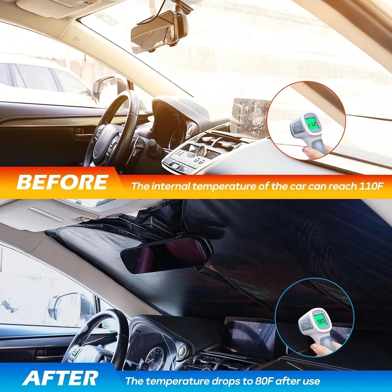 Car Windshield Sun Shade- Reflector Sunshade Offers Ultimate Protection For Car Interior, Cool Reflective Sun Blocker Fits Small Sedans, Mini SUVs