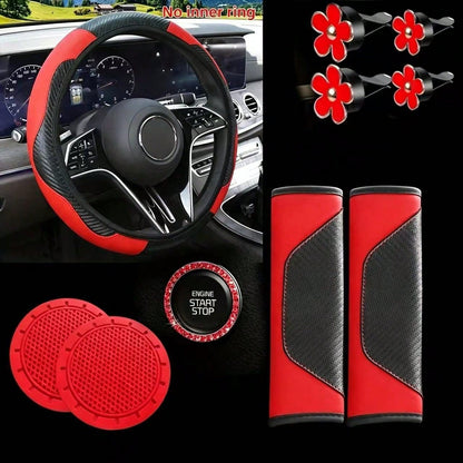 Carbon Fiber Texture Car Interior Accessories Set, Universal Steering Wheel Cover, Seat Belt Shoulder Pad, Flower Air Vent Clip, Car Cup Holder Mat, One-Touch Start Button Rhinestone Decoration Full S