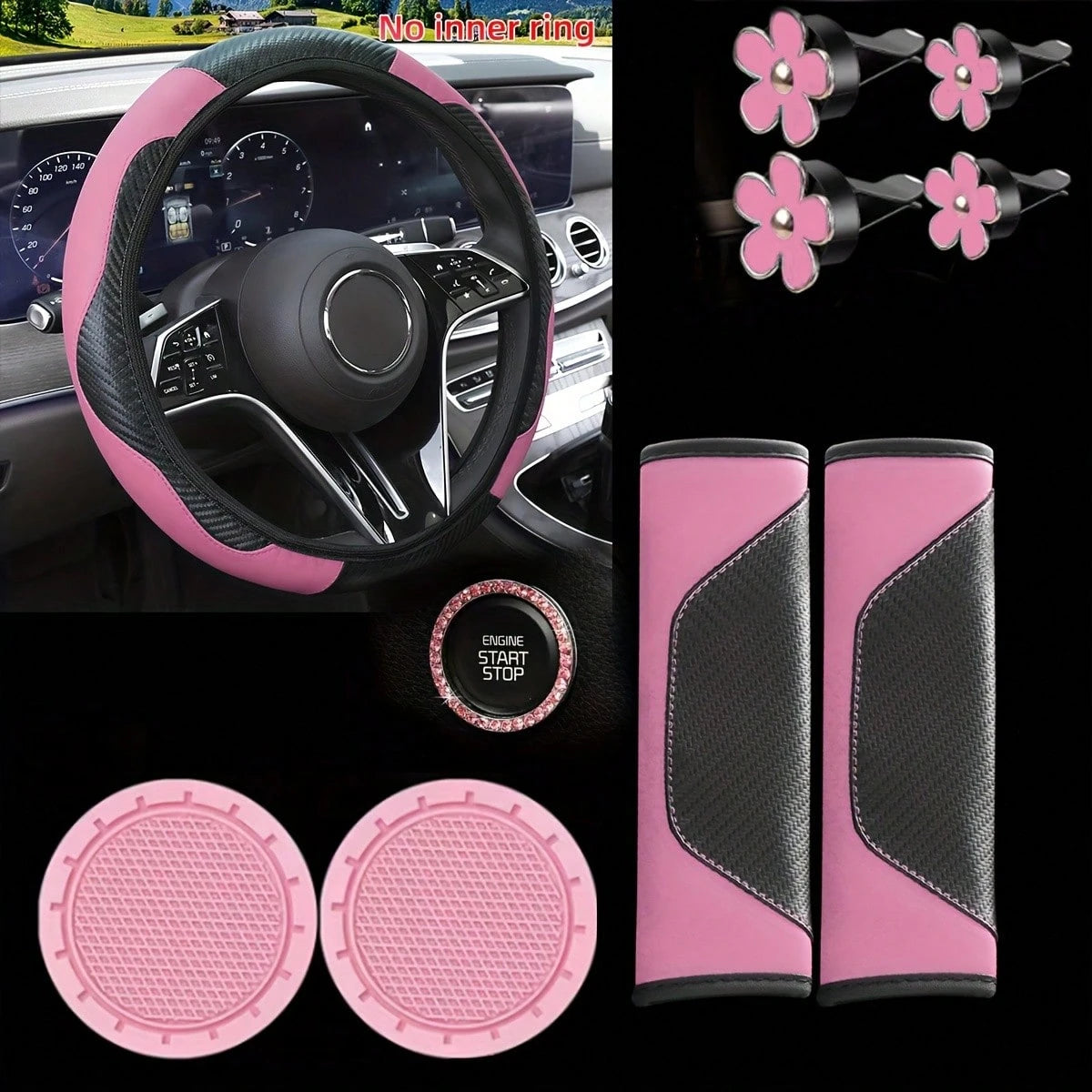 Carbon Fiber Texture Car Interior Accessories Set, Universal Steering Wheel Cover, Seat Belt Shoulder Pad, Flower Air Vent Clip, Car Cup Holder Mat, One-Touch Start Button Rhinestone Decoration Full S