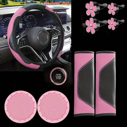 Carbon Fiber Texture Car Interior Accessories Set, Universal Steering Wheel Cover, Seat Belt Shoulder Pad, Flower Air Vent Clip, Car Cup Holder Mat, One-Touch Start Button Rhinestone Decoration Full S