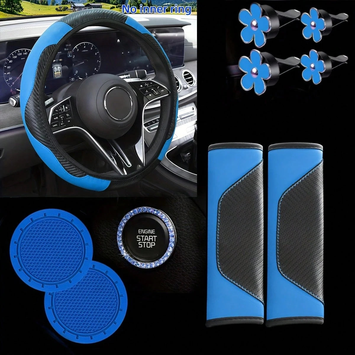 Carbon Fiber Texture Car Interior Accessories Set, Universal Steering Wheel Cover, Seat Belt Shoulder Pad, Flower Air Vent Clip, Car Cup Holder Mat, One-Touch Start Button Rhinestone Decoration Full S