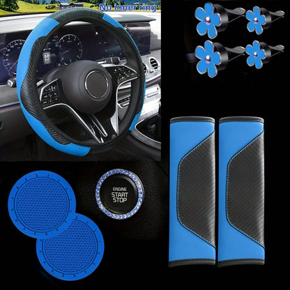 Carbon Fiber Texture Car Interior Accessories Set, Universal Steering Wheel Cover, Seat Belt Shoulder Pad, Flower Air Vent Clip, Car Cup Holder Mat, One-Touch Start Button Rhinestone Decoration Full S